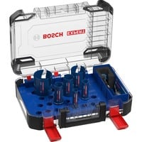 Bosch EXPERT CONSTRUCTION MATERIAL sierra de corona Taladro 6 pieza(s) Establecer, Taladro, Ladrillo, Tableros de partículas, Plástico, Madera blanda, Azulejo, Azul, Oro, Rojo, Acero inoxidable, Carburo de tungsteno (TC), 6 cm