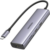 UGREEN USB-C to 2*USB3.0+HDMI+RJ 45+SD&TF+PD port Hub, Estación de acoplamiento plateado