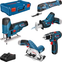 Bosch Set de herramientas de 12 voltios de 5 piezas, GSR + GOP + GKS + GSA + GST, Kit de herramientas azul