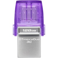 Kingston DataTraveler microDuo 3C unidad flash USB 128 GB USB Type-A / USB Type-C 3.2 Gen 1 (3.1 Gen 1) Acero inoxidable, Púrpura, Lápiz USB violeta/Transparente, 128 GB, USB Type-A / USB Type-C, 3.2 Gen 1 (3.1 Gen 1), 200 MB/s, Otro, Acero inoxidable, Púrpura