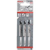 Bosch T 101 BR Hoja de sierra de vaivén Acero de alto carbono (HCS) 3 pieza(s) Hoja de sierra de vaivén, Aglomerado, Tablero de fibra, Panel, Madera blanda, Acero de alto carbono (HCS), Negro, Acero inoxidable, 2,5 mm, 3 cm