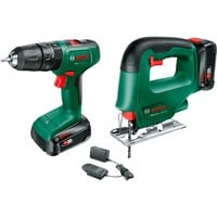 Bosch Atornillador percutor inalámbrico EasyImpact 18V-40 y sierra de calar inalámbrica EasySaw 18V-70, Kit de herramientas verde/Negro