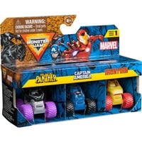 Spin Master MONSTER JAM - Pack 3 Coches Monster Truck Marvel Oficial Escala 1:87 Metálicos: Black Panther, Capitán América y Iron Man - 6070229 - Coches para Niños - Juegos Infantiles - Juguetes Niños 3 años +, Vehículo de juguete