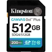 Kingston Canvas Go! Plus 512GB SDXC Canvas Go Plus Gen4 200MB/s C10 UHS-I U3 V30, Tarjeta de memoria negro, 512 GB, SDXC, Clase 10, UHS-I, 200 MB/s, 160 MB/s