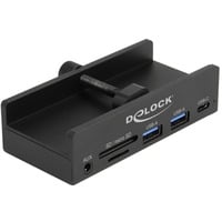 DeLOCK Hub USB externo 5 Gbps de 3 puertos 2 x USB Tipo-A, 1 x USB Tipo-C™ y lector de tarjetas de 2 ranuras con tornillo de fijación negro