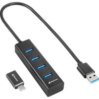 Sharkoon Hub de aluminio USB 3.2 Gen 1 de 4 puertos, Hub USB negro