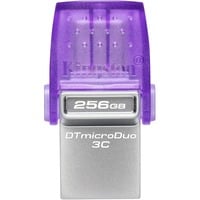 Kingston DataTraveler 256GB microDuo 3C 200MB/s dual USB-A + USB-C, Lápiz USB violeta/Transparente, 256 GB, USB Type-A / USB Type-C, 3.2 Gen 1 (3.1 Gen 1), 200 MB/s, Otro, Acero inoxidable, Púrpura