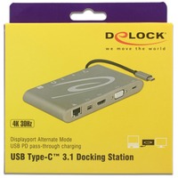 DeLOCK 87297 hub de interfaz USB 3.2 Gen 2 (3.1 Gen 2) Type-C Gris, Estación de acoplamiento gris, USB 3.2 Gen 2 (3.1 Gen 2) Type-C, RJ-45, USB 3.2 Gen 2 (3.1 Gen 2) Type-A, USB 3.2 Gen 2 (3.1 Gen 2) Type-C, VGA, mini DisplayPort, MicroSD (TransFlash), SD, 3840 x 2160 Pixeles, Gris, Metal
