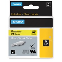 Dymo Rhino Tubos termorretráctiles industriales para etiquetas de cables | 19 mm x 1,5 m | Impresión en negro sobre amarillo | para rotuladoras Rhino, Tubo termoretráctil para etiquetas 5 m | Impresión en negro sobre amarillo | para rotuladoras Rhino, Negro sobre amarillo, Multicolor, -55 - 135 °C, UL 224, MIL-STD-202G, MIL-81531, SAE-DTL 23053/5 (1, 3), DYMO, Rhino