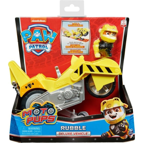 Spin Master PATRULLA CANINA - MOTO MOTO PUPS RUBBLE - Motocicleta de Fricción Deluxe con Función de Caballito y Figura Rubble Patrulla Canina Moto Pups -6060543 - Juguetes Niños Años +, Vehículo de juguete amarillo