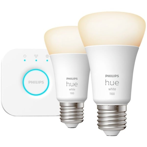 Philips HUE Kit de inicio: 2 inteligentes E27 (1100), Lámpara LED Philips Hue White Kit de inicio: 2 bombillas inteligentes E27 (1100), Kit de inteligente, Blanco, LED, E27, Blanco suave