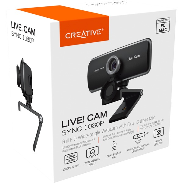 Creative Live! Cam Sync 1080p cámara web 2 MP 1920 x 1080 Pixeles USB 2.0 Negro, Webcam negro, 2 MP, 1920 x 1080 Pixeles, 30 pps, 1280x720@30fps,1920x1080@30fps, 720p,1080p, BMP,JPG