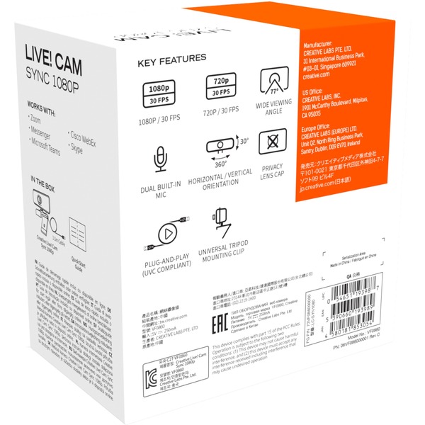 Creative Live! Cam Sync 1080p cámara web 2 MP 1920 x 1080 Pixeles USB 2.0 Negro, Webcam negro, 2 MP, 1920 x 1080 Pixeles, 30 pps, 1280x720@30fps,1920x1080@30fps, 720p,1080p, BMP,JPG