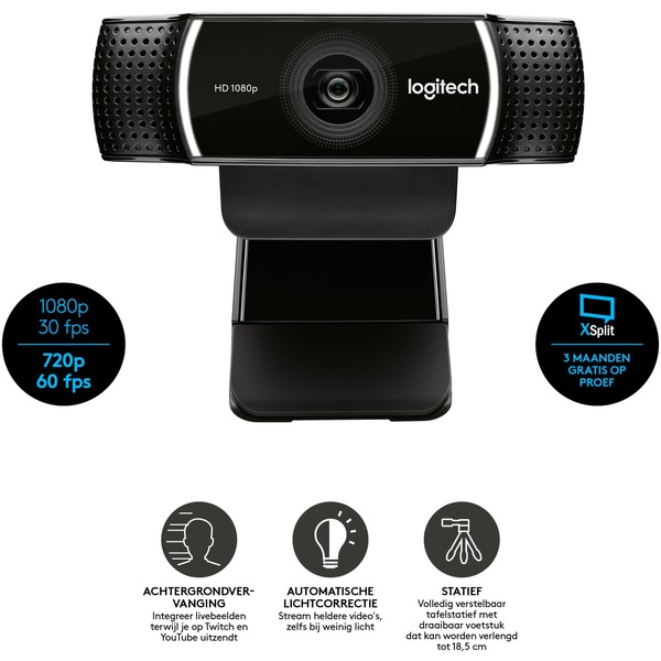 Logitech C922 PRO HD STREAM WEBCAM cámara web 1920 x 1080 Pixeles USB Negro negro, 1920 x 1080 Pixeles, 60 pps, 1280x720@60fps,1920x1080@30fps, 720p,1080p, H.264, USB